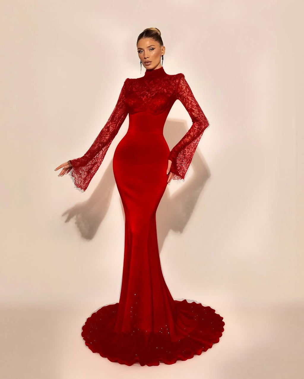 Custom High Neck Lace Mermaid Prom Dress With Pleated Long Sleeves