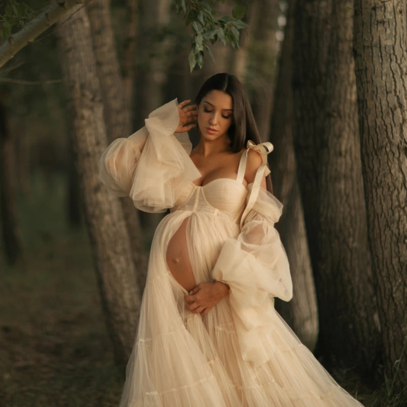 Vestido de tule pregueado para grávidas, vestido para fotografia de grávidas, vestido para chá de bebé
