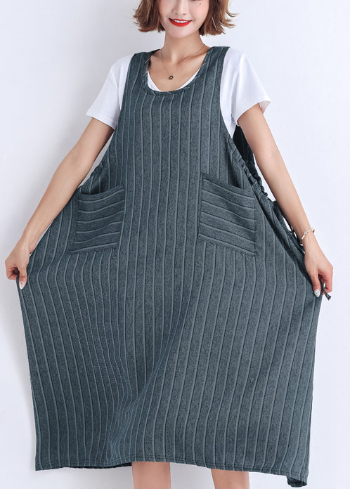 Vestido de verano a rayas con bolsillos sin mangas de algodón para mujer de Corea