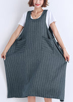 Vestido de verano a rayas con bolsillos sin mangas de algodón para mujer de Corea