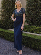 A-Line Chiffon V-Neck Short Sleeve Mother of the Bride Dresses Floor-Length with Sequin Appliques (SHI22500297)