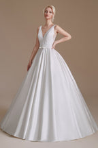 Charming A-Line Satin V-Neck Wedding Dress With Lace Appliques