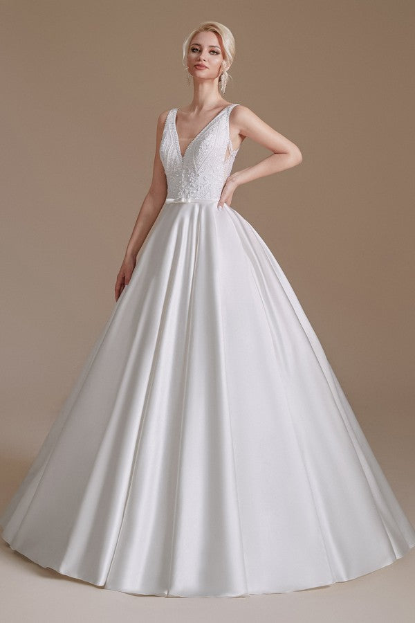 Charming A-Line Satin V-Neck Wedding Dress With Lace Appliques