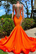Vestidos de Festa Laranja Comprido com Decote em V, Sem Mangas, com Contas, Estilo Sereia e Costas Descobertas