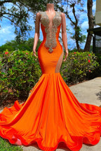 Vestidos de Festa Laranja Comprido com Decote em V, Sem Mangas, com Contas, Estilo Sereia e Costas Descobertas