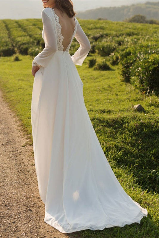 Elegant Long Sleeves Chiffon Backless Wedding Dress For Brides