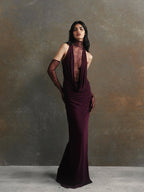 Lace Patchwork Deep V Ruched Prom Dress