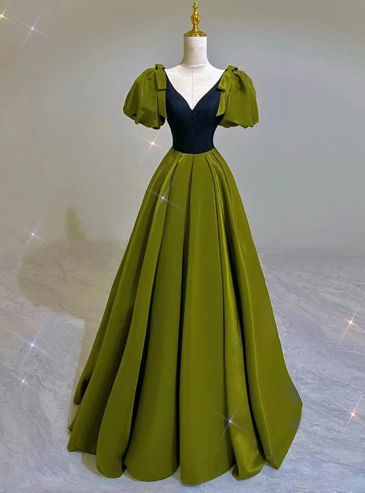 Vestido de Festa Verde Sedoso com Decote em V e Mangas Bufantes Vestido de Baile para Aniversário Y7600