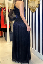 Abito da Sera Elegante Solido con Spacco e Collo Obliquo Decorato a Paillettes