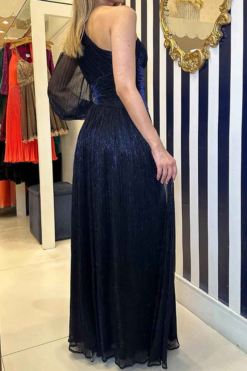 Abito da Sera Elegante Solido con Spacco e Collo Obliquo Decorato a Paillettes