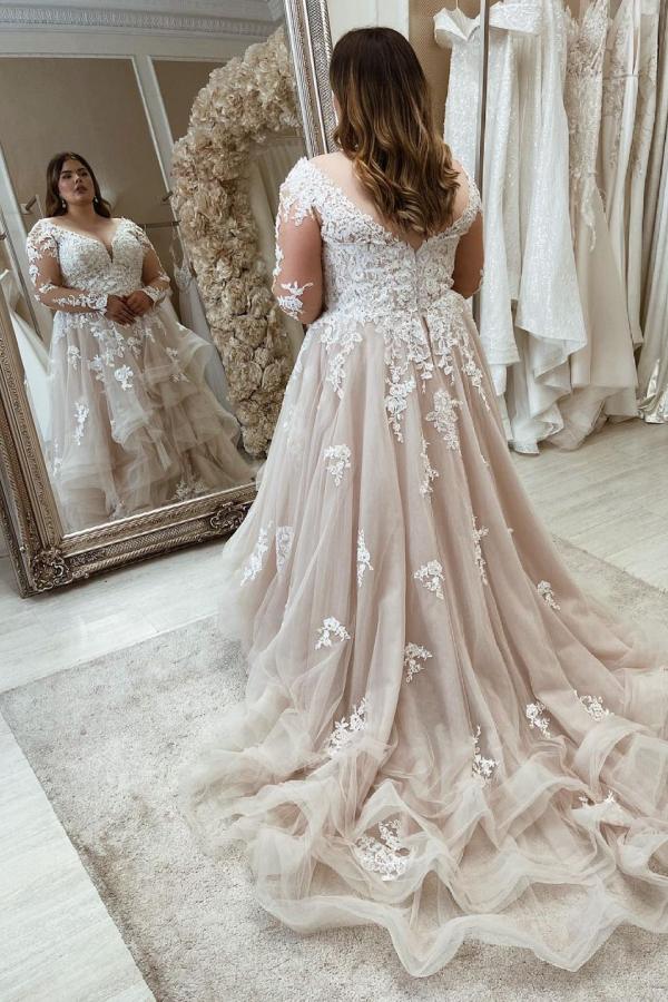 Chic Plus Size A Line Long Sweetheart Wedding Dress With Lace Sleeves