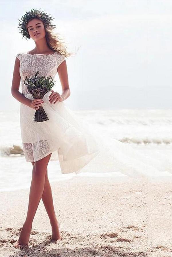 Modern Sleeveless A-Line Lace Beach Boho Hi-Lo Wedding Dress