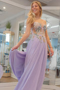 Vestidos longos de baile em chiffon lilás com aplicações e decote coração