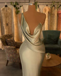 Vestido de noche de satén de seda verde salvia, elegante vestido largo de gala, vestido de recepción Y736