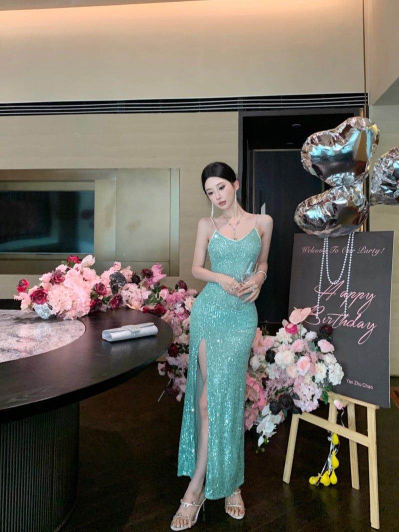 Abito da Sera Verde con Paillettes e Spacco Alto – Elegante Vestito da Festa e Cerimonia