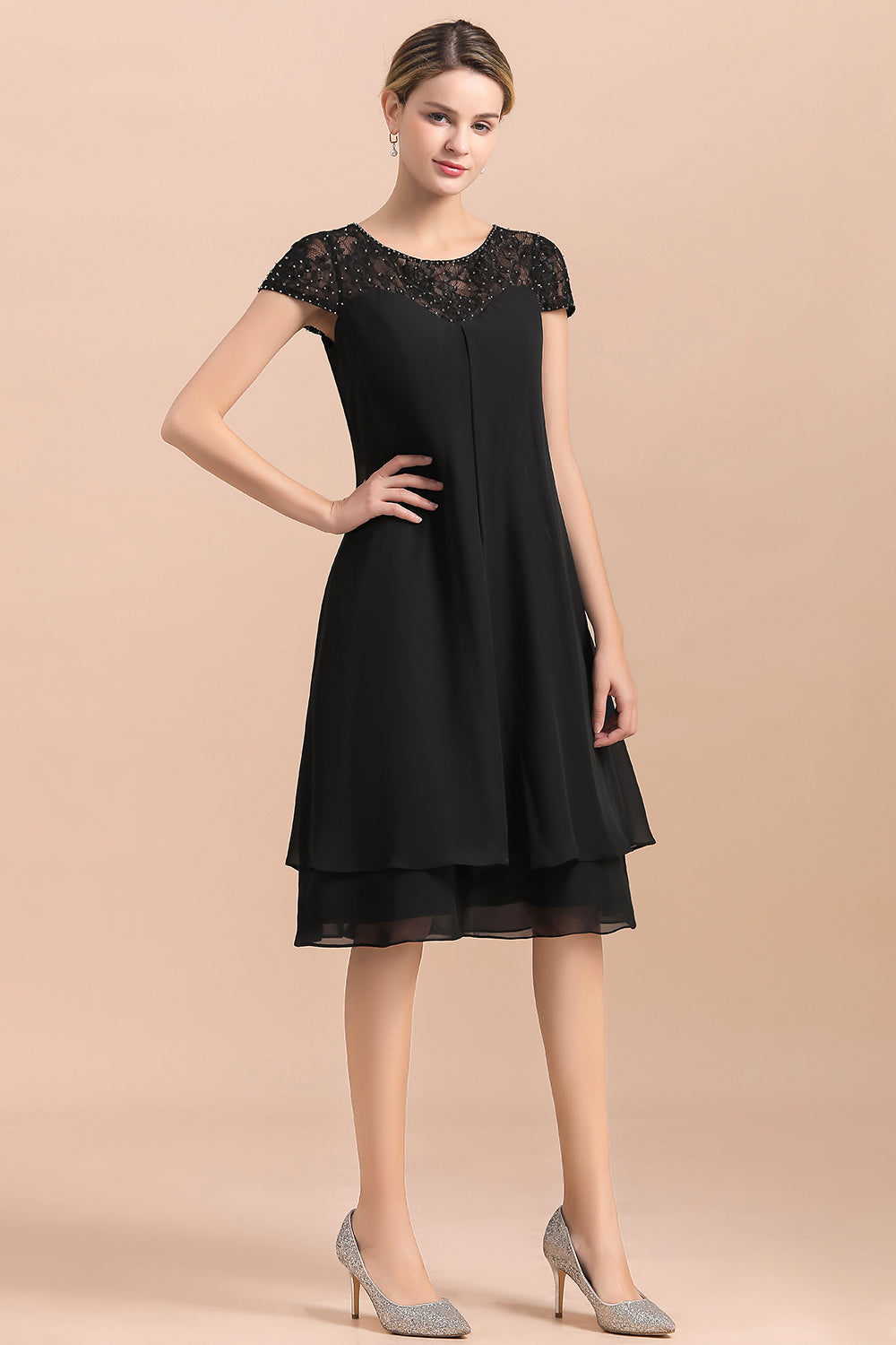 BMbridal Chic Black Cap Sleeve Mother of Bride Dress Chiffon Short Wedding Party Gowns