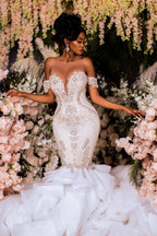Mermaid V Neck Off The Shoulder Tulle Wedding Dress Back Lace Up