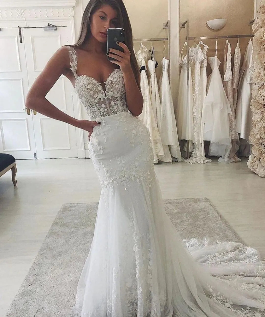 Spaghetti Straps Lace Mermaid Sweetheart Wedding Dress With Tulle Appliques