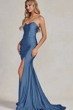 Strapless Sleeveless Long Mermaid Prom Dress With Slit Pleated Custom Colors