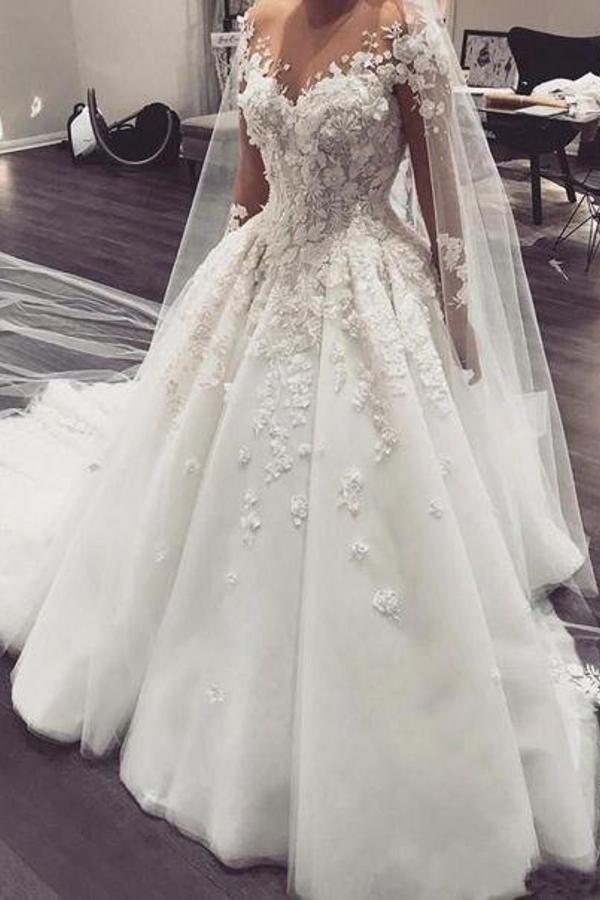 Vestido de casamento longo elegante da luva do bateau do comprimento do assoalho com apliques do laço
