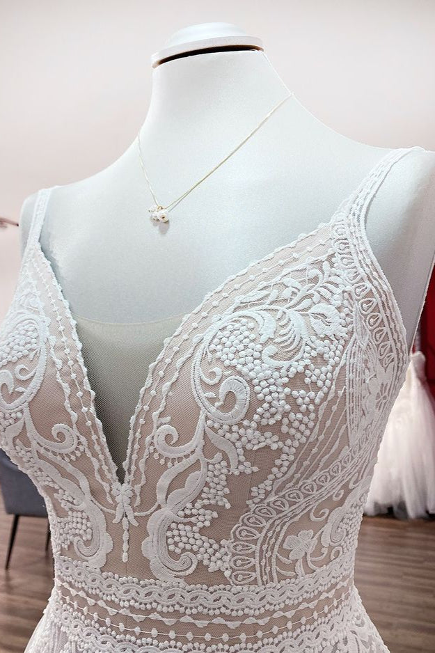 BMbridal Simply Sleeveless White Tulle Lace Ruffles A Line Wedding Dress Long