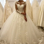 Beautiful Appliques A Line Bateau Long Sleeves Wedding Dress Tulle Lace Ruffles