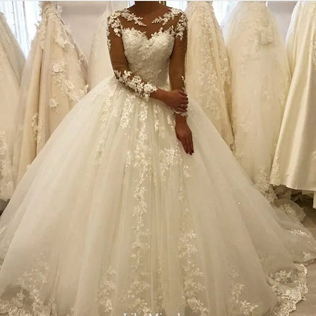 Beautiful Appliques A Line Bateau Long Sleeves Wedding Dress Tulle Lace Ruffles