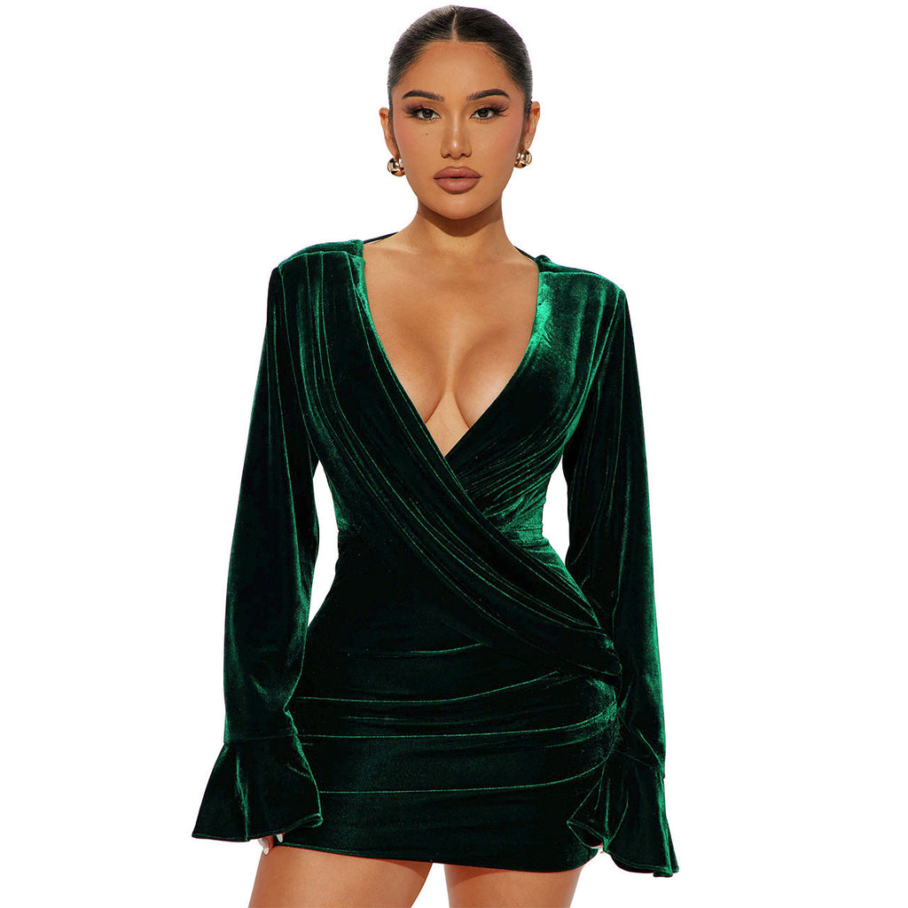 Women's Velvet V Neck Backless Sheath Evening Dress – Elegant & Alluring