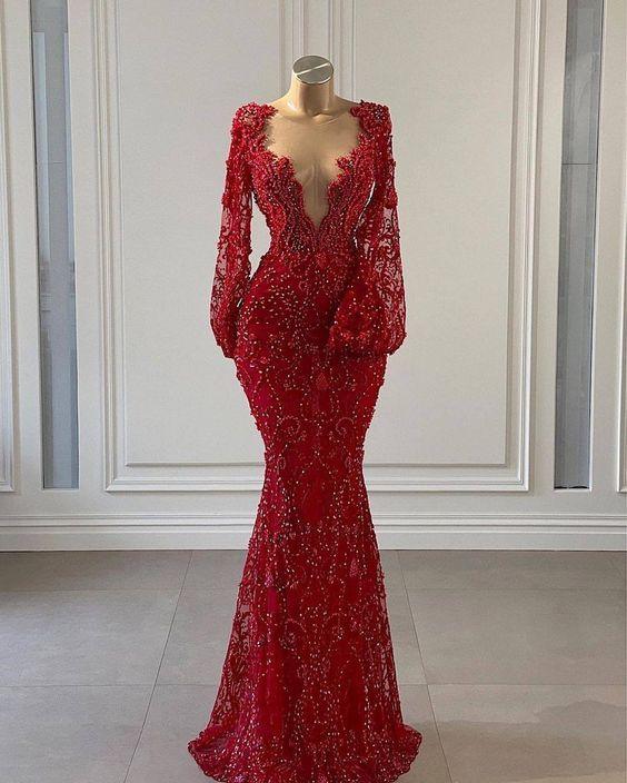 Robe de soirée à encolure en V profonde avec dentelle et perles Sirène Robe de réception Y735