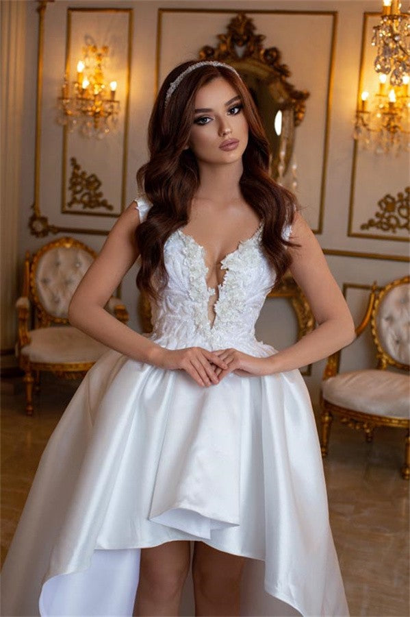 Bmbridal Satin Hi Lo Wedding Dress With Lace Appliques