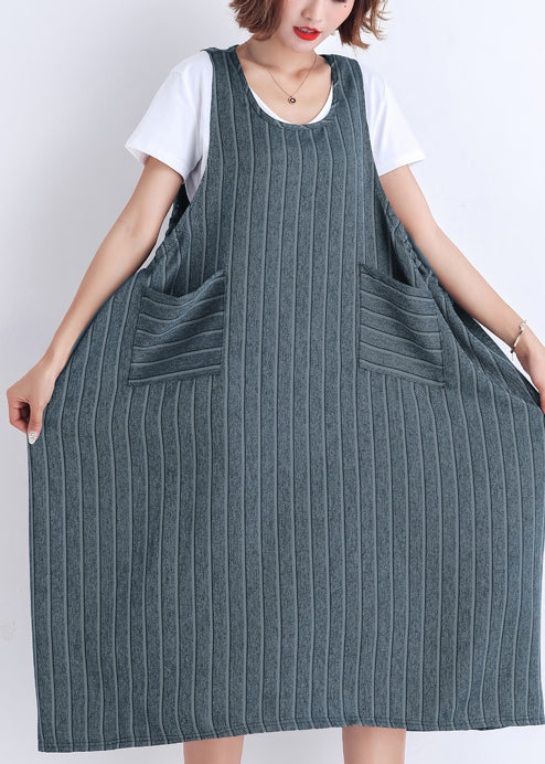Vestido de verano a rayas con bolsillos sin mangas de algodón para mujer de Corea
