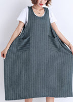 Vestido de verano a rayas con bolsillos sin mangas de algodón para mujer de Corea