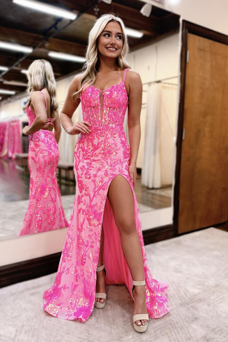 Vestidos de Baile de Renda com Lantejoulas Coração, Modelo Sereia, com Fenda