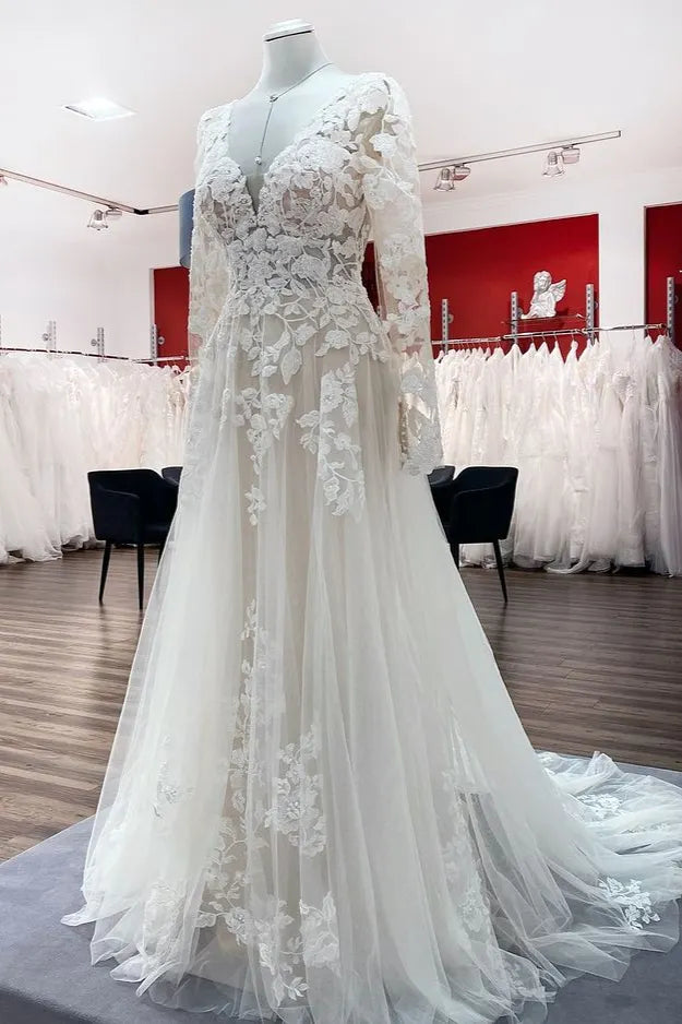Ivory Long Sleeves A Line Lace Open Back Wedding Dress with Tulle Appliques