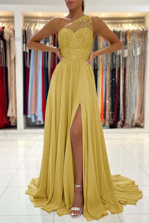 Custom One Shoulder Prom Dress With Lace Appliques And Front Split