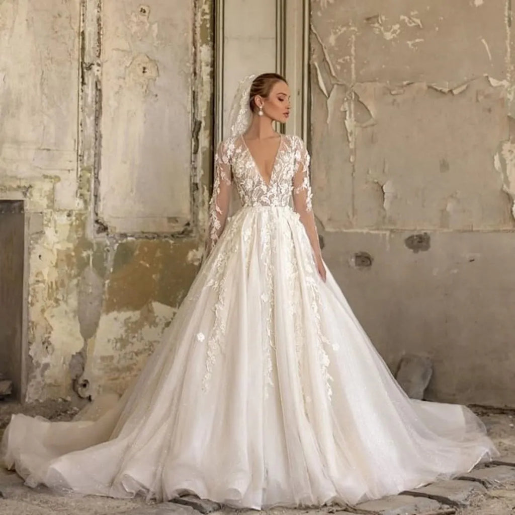Chic Deep V Neck A Line Long Sleeves Wedding Dress With Tulle Lace Appliques