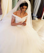 Off The Shoulder Beading Backless Floor Length Wedding Dress With Tassel Tulle
