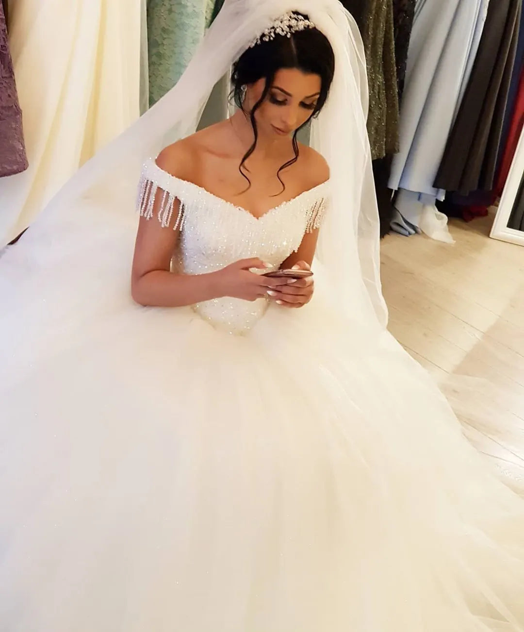 Off The Shoulder Beading Backless Floor Length Wedding Dress With Tassel Tulle
