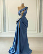 Robe de bal satinée élégante longue sirène à une épaule avec fente