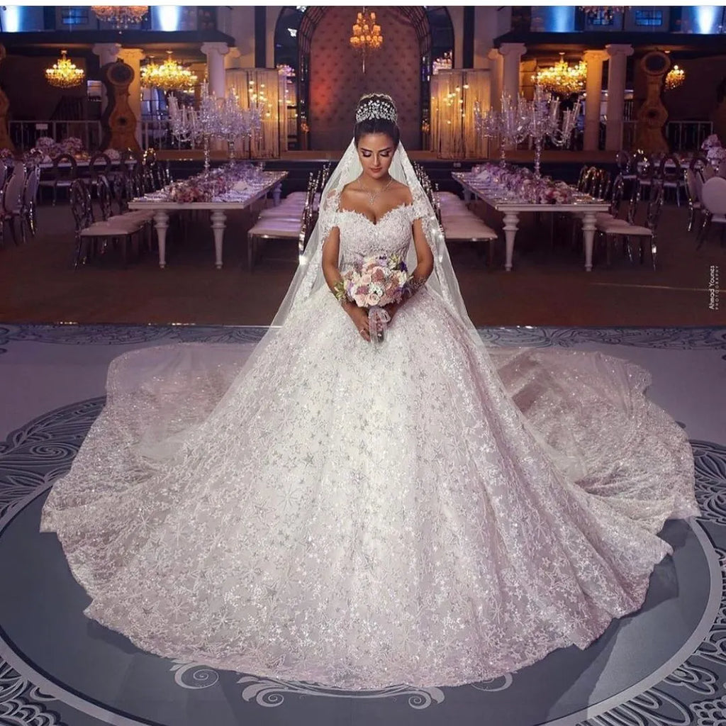 Modest Lace Long Princess Wedding Dress Off The Shoulder