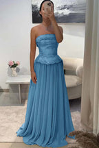 Chic Strapless Sleeveless Long Pleated Beaded Custom Prom Dress