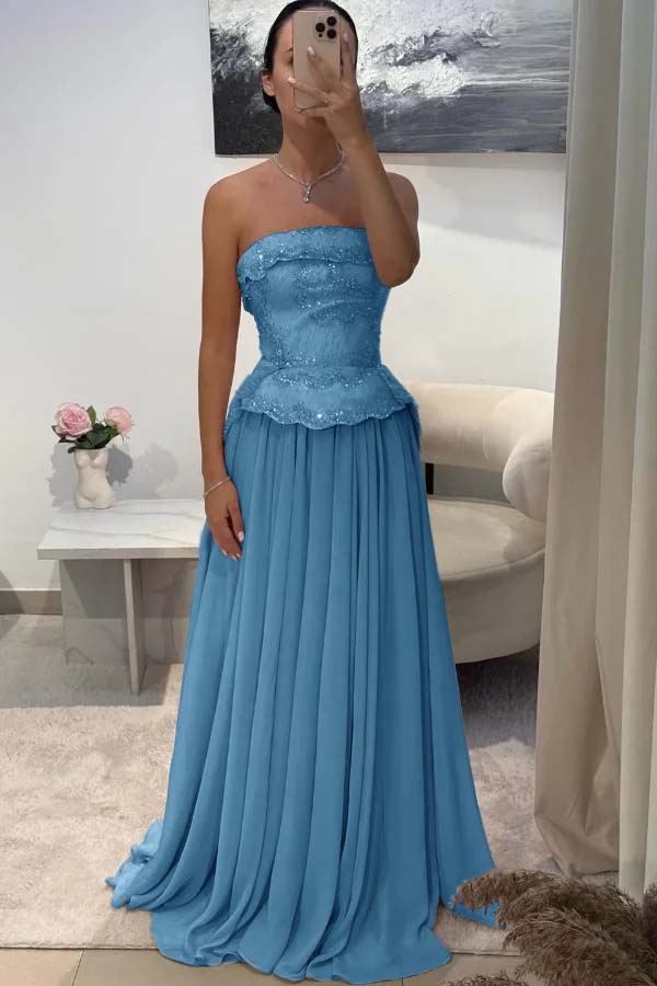 Chic Strapless Sleeveless Long Pleated Beaded Custom Prom Dress