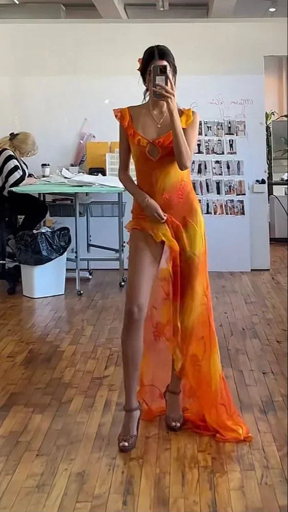 Einzigartiges Chiffonkleid mit Rüschen und Schlitz, lang, Ballkleid für Abendveranstaltungen Y7497