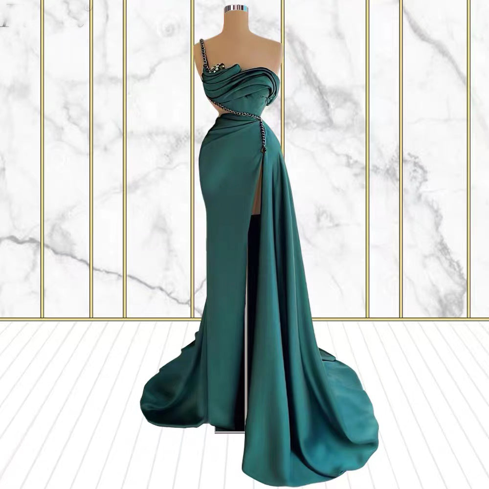 Robe de bal sirène émeraude à strass avec fente et une épaule nue