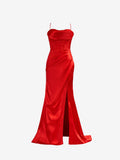 Vestido de Baile de Cetim Vermelho com Alças Finas, Corte Sereia e Fenda