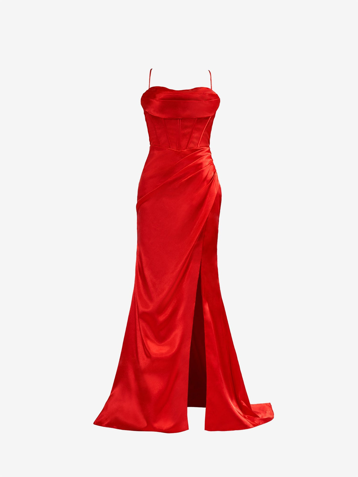 Vestido de Baile de Cetim Vermelho com Alças Finas, Corte Sereia e Fenda