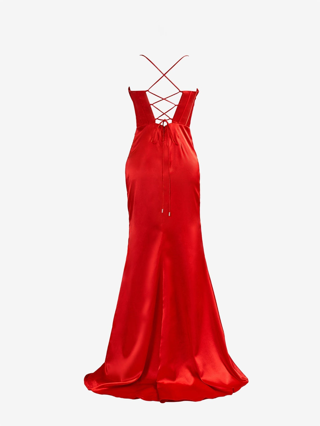 Vestido de Baile de Cetim Vermelho com Alças Finas, Corte Sereia e Fenda