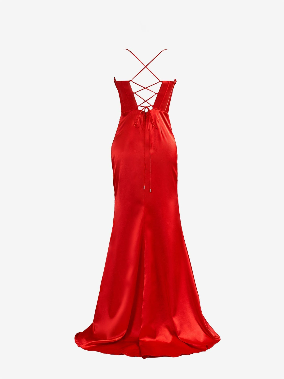 Vestido de Baile de Cetim Vermelho com Alças Finas, Corte Sereia e Fenda