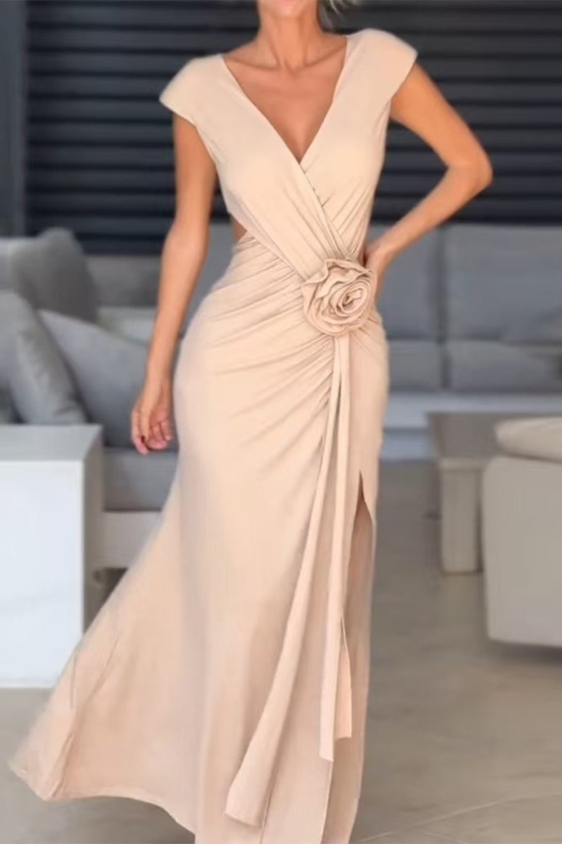 Sexy Abendkleider mit Schlitz, geraffter Blumenform und V-Ausschnitt 