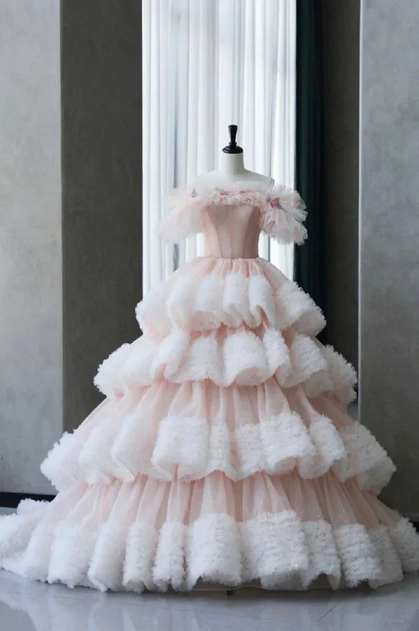 Vestido de Baile com Folhos em Tule Plissado, Camadas, Doce Vestido de Quinze Anos Y7702